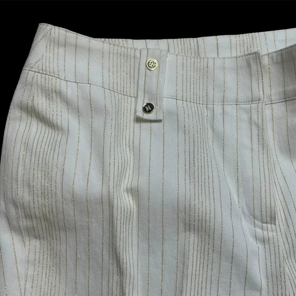 Doncaster Collection White Metallic Gold Stripes Straight Leg Pants Size 12 P - Picture 1 of 8